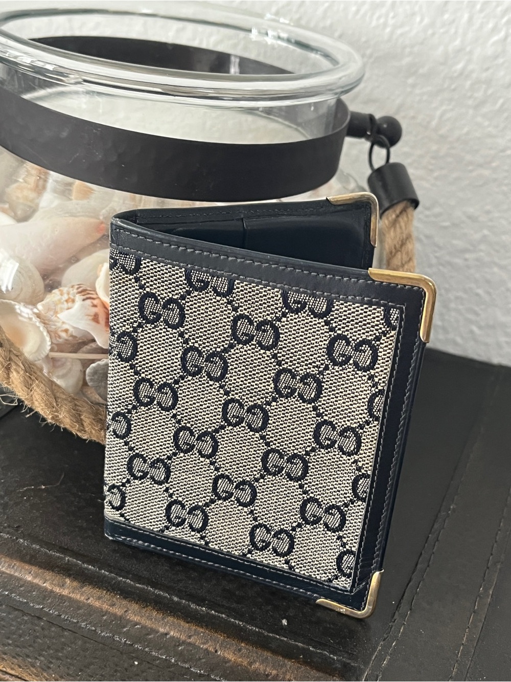 Gucci Beige and Navy Monogram Bifold Wallet with Gold Corner Accents